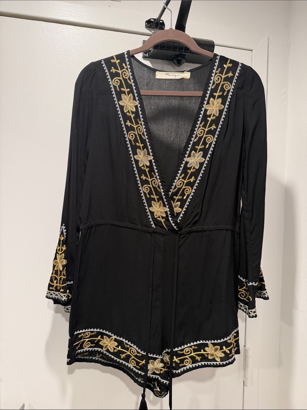 Rogue Black Embroidered V-Neck Romper with Gold Floral Detail
